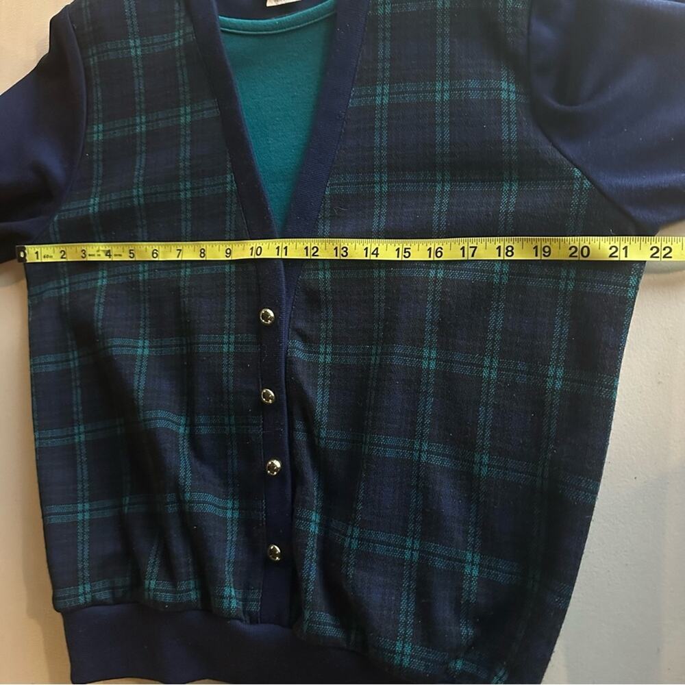 Vintage Cape Cod Faux Cardigan Sweater, Plaid, Button Front, Blue, MEDIUM, USA - Picture 7 of 8